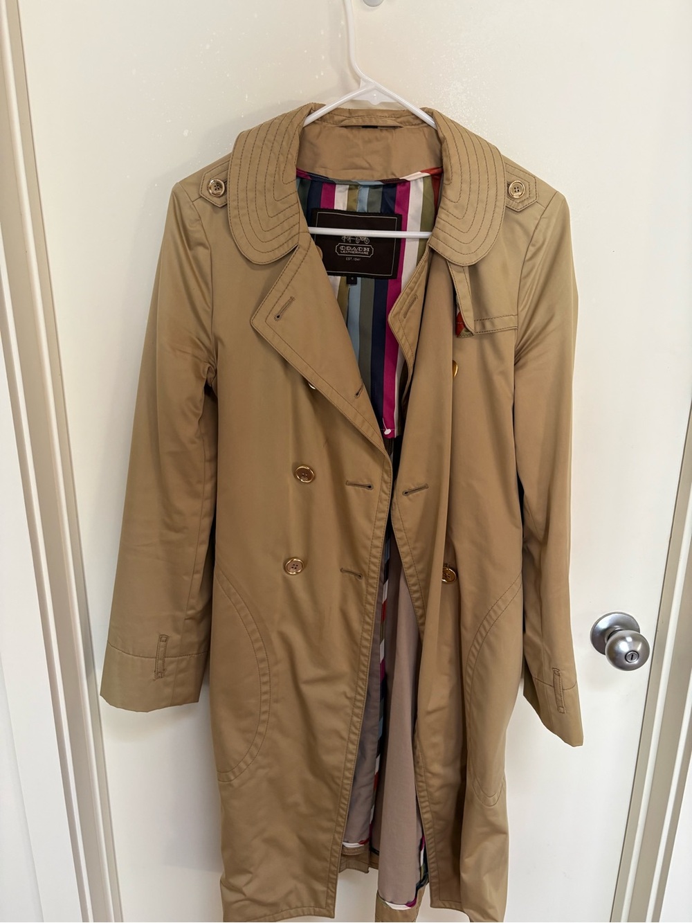 Coach Beige Trench Coat with Striped Lining